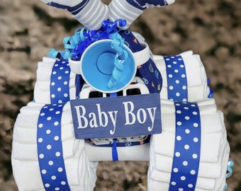 4 Wheeler Diaper Cake - Unique Baby Shower Gift or Centerpiece - Unique DiaperCake - Baby Boy Diaper Cake -