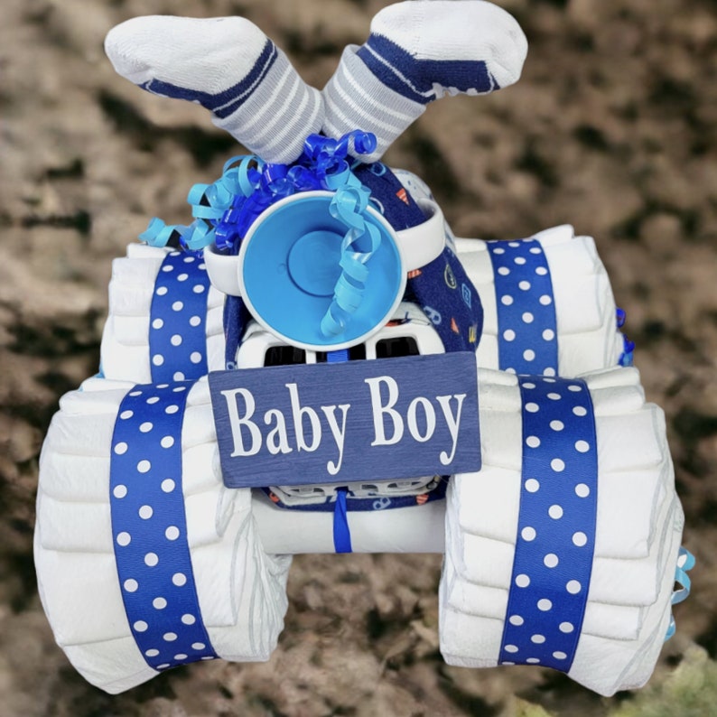 4 Wheeler Diaper Cake Unique Baby Shower Gift or Centerpiece Unique DiaperCake Baby Boy Diaper Cake image 1