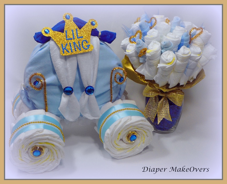 Prince Baby Shower Boy Diaper Cake Baby Shower Centerpiece Prince Carriage and Diaper Bouquet Combo Baby Shower Gift Unique Gift image 4