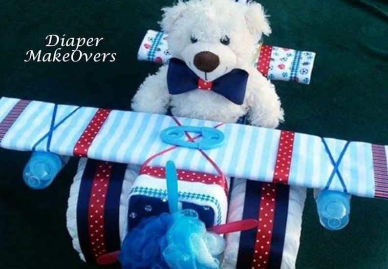 Airplane Diaper Cake Boy Diaper Cake Baby Gift Baby Shower Gift Centerpiece Diaper Cakes Baby Boy, Baby Girl, Neutral Baby Gift image 8