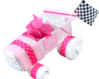 Girl Race Car Diaper Cake - Diaper Cake Girl - Race Car Baby Shower - Baby Shower Centerpiece - Baby Gift -  Baby Girl Diaper Cake