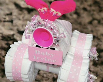 Unique Baby Girl Diaper Cake - Baby Shower Gift or Decoration - Pink 4 Wheeler Diaper Cake - Unique Baby Gift - Gifts for Babies