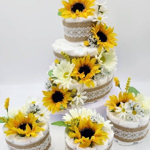 Sunflower Diaper Cake Combo - Diaper Cakes - Sunflowers - Baby Shower Decoration Ideas - Table Centerpiece