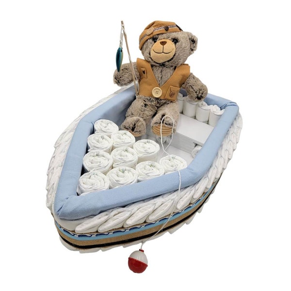 Fishing Boat with Bear Set - Fishing Boat Diaper Cake - Fishing Baby Shower - Baby Shower Centerpiece - Nautical Baby Shower