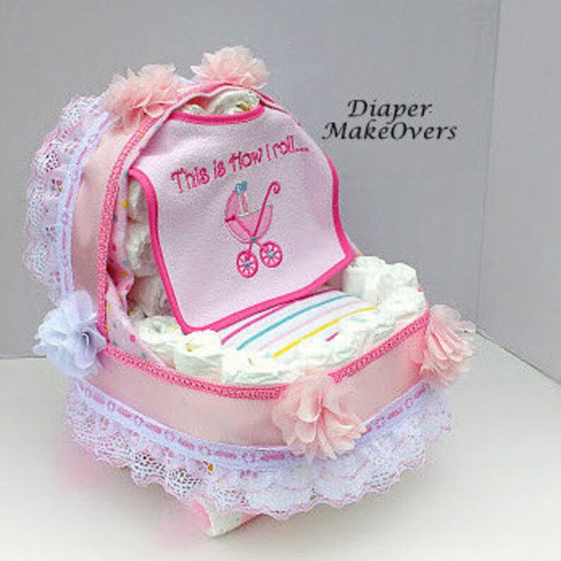 Girl Diaper Cake Baby Shower Gift For Girls Carriage Diaper Etsy Girl Diaper Cake Baby Shower Gift For Girls Carriage Diaper Etsy
