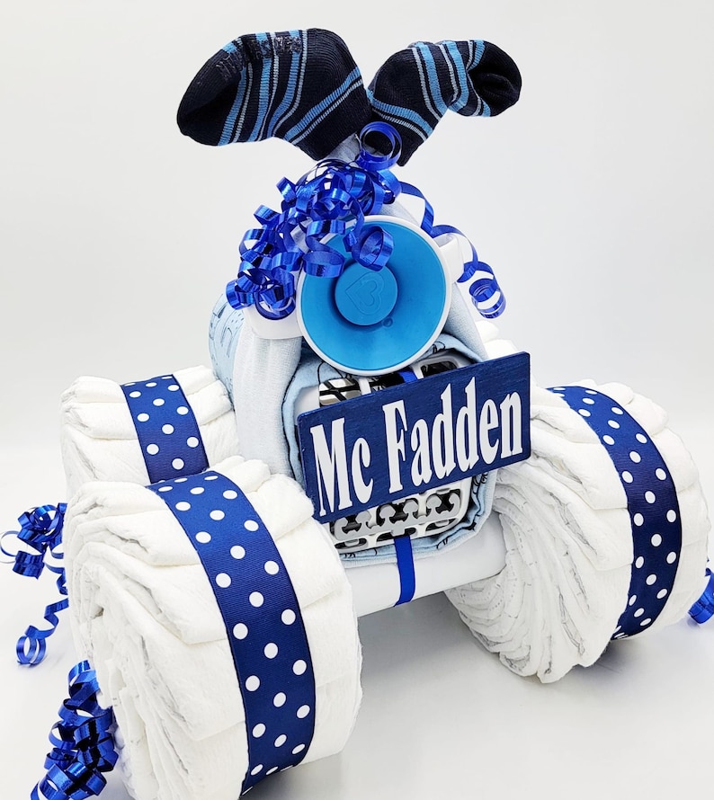 Boy Diaper Cake Baby Shower Gift or Decoration 4 Wheeler Diaper Cake Diaper Cake Boy Baby Boy, Baby Girl, Gender Neutral image 4