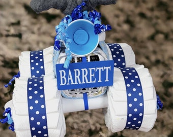 Boy Diaper Cake - 4 wheeler - Baby Shower Gift or Centerpiece - Blue Diaper Cake -