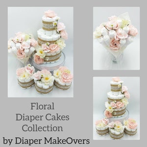 Floral Diaper Cake Combo Pink Diaper Cake Baby Shower Centerpiece Girl Diaper Cake Flower Diaper Cake image 2