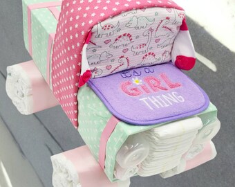 Truck Diaper Cake - Baby Girl Diaper Cake - Unique Diaper Cake - Baby Shower Gift or Centerpiece - OOAK Gift Ideas