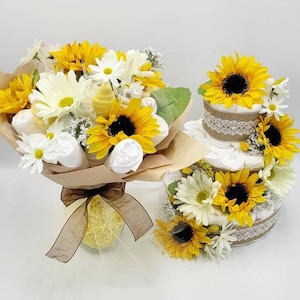 Matching Sunflower Diaper Cake and Diaper Bouquet - Sunflower Diaper Cake - Baby Shower Decor - Diaper Cake - Sunflower Diaper Cake Combo