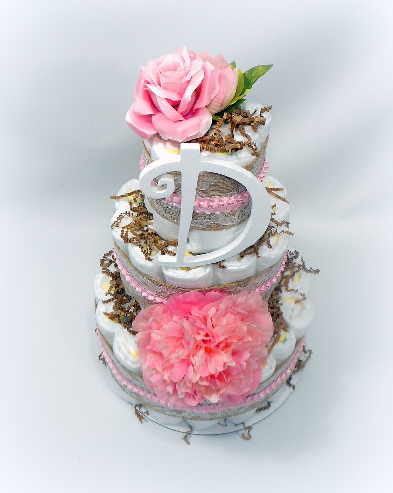 Spring Flowers 3 Tier Diaper Cake Baby Shower Centerpiece Rustic Burlap Lace Diaper Cake Shower Decorations Burlap Diaper Cake
