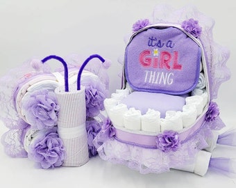 Baby Girl Gift Set - Girl Diaper Cake - Unique Baby Shower Centerpiece - Unique Baby Gift - Butterfly and Baby Carriage Diaper Cake