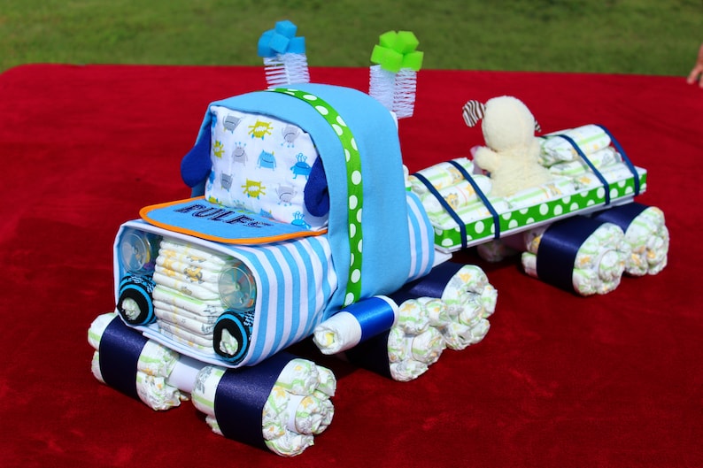 Semi Truck Diaper Cake Unique Diaper Cake Truck Diaper Cake Woodland Diaper Cake Baby Gift Boy Diaper Cake 18 Wheeler image 3