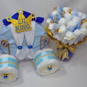 Prince Baby Shower Boy Diaper Cake Baby Shower Centerpiece Prince Carriage and Diaper Bouquet Combo Baby Shower Gift Unique Gift image 1