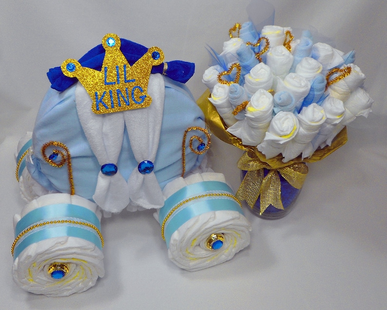 Prince Baby Shower Boy Diaper Cake Baby Shower Centerpiece Prince Carriage and Diaper Bouquet Combo Baby Shower Gift Unique Gift image 1