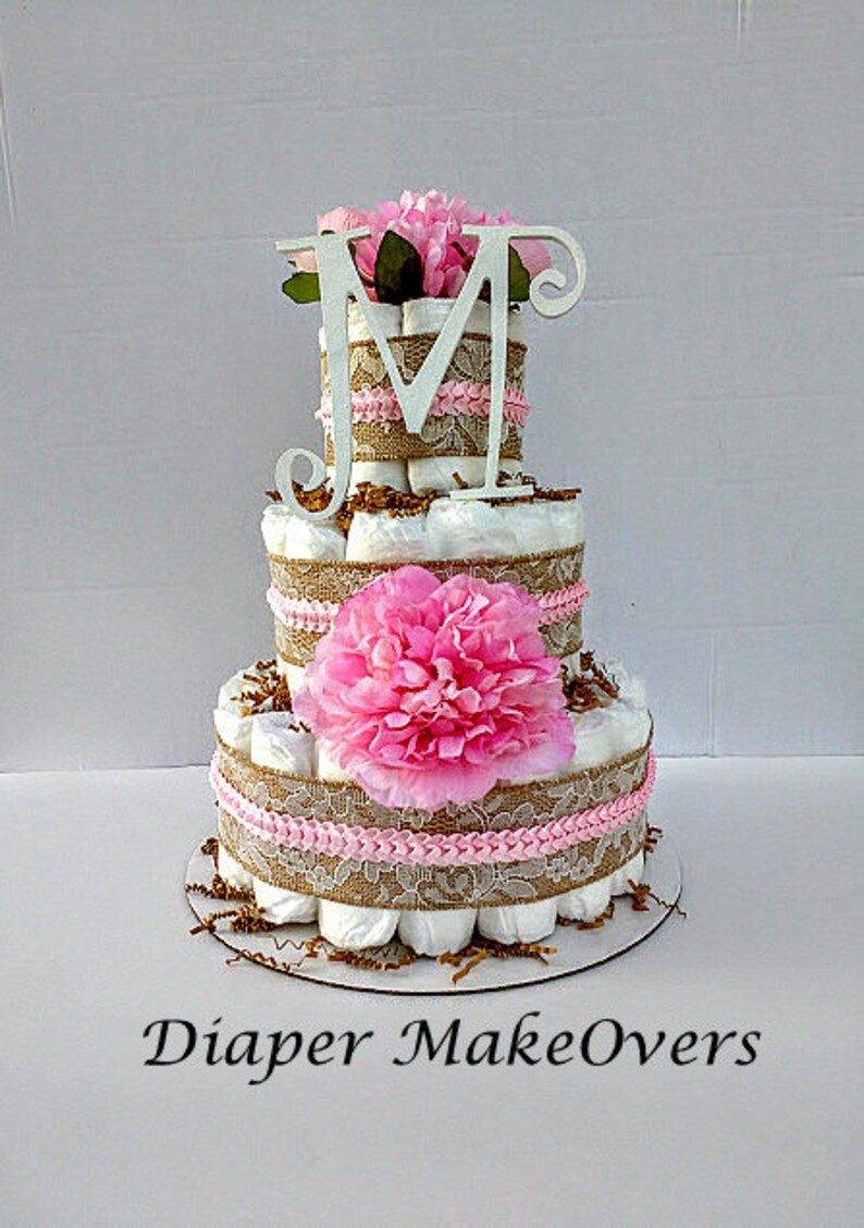 Spring Flowers 3 Tier Diaper Cake Baby Shower Centerpiece Rustic Burlap Lace Diaper Cake Shower Decorations Burlap Diaper Cake