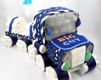 Boy Diaper Cake - Diaper Cake - Baby Shower Centerpiece - Semi Truck Diaper Cake - Truck Diaper Cake - Baby Shower Gift - 18 Wheeler