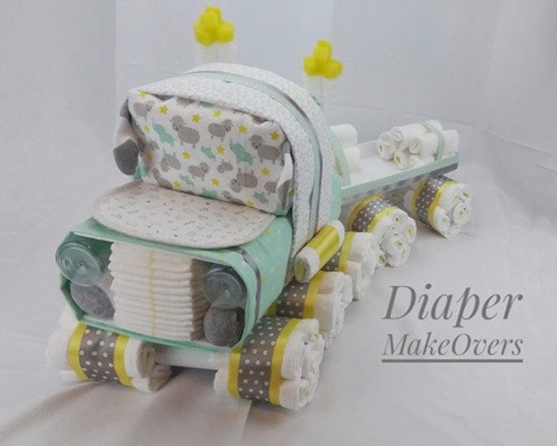 Semi Truck Diaper Cake Unique Diaper Cake Truck Diaper Cake Woodland Diaper Cake Baby Gift Boy Diaper Cake 18 Wheeler image 10