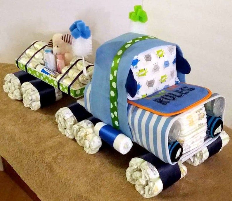 Semi Truck Diaper Cake Unique Diaper Cake Truck Diaper Cake Woodland Diaper Cake Baby Gift Boy Diaper Cake 18 Wheeler image 8