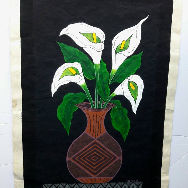 Mexican Bark paper(papel amate)White Flowers ALCATRACES,24Hx16W inches,original hand painted by jhf