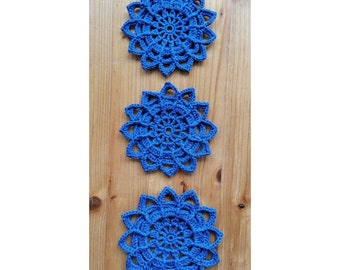 Set of 3 mandalas, blue, decoration, coaster, crocheted