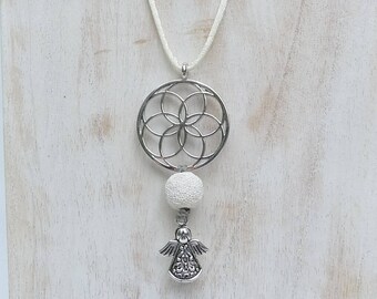 Necklace lava stone, flower of life, Angel, essential oil diffuser, fragrance, aromatherapy, Lithotherapy, Meditation, Yoga