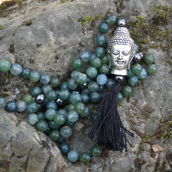 Collier mala "Optimisme et énergie", 108 perles, Agate mousse, Hématite, Pendentif tête de Bouddha, Chakra du coeur, Yoga, Lithothérapie