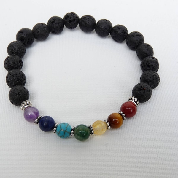 Bracelet pour homme, sept chakras : Améthyste, Lapis-Lazuli, Turquoise, Agate mousse, Citrine, Œil-de-tigre, Jaspe rouge, Pierre de lave