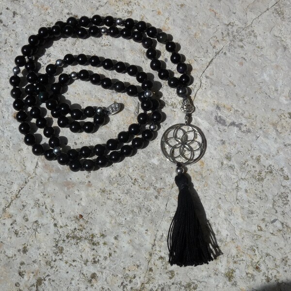 Collar Mala "Fuerza y Protección", Hematita, Obsidiana, Colgante Flor de la Vida, Litoterapia, Difusor de Aceites Esenciales, Perfume, Chakra