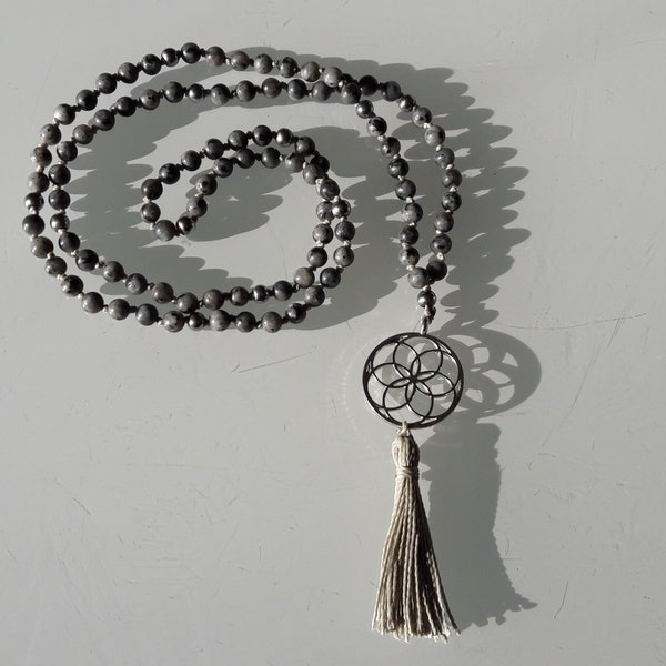 Collar Mala 108 perlas, Labradorita, Hematita, Colgante Flor de la vida, Pompón gris, Meditación, Yoga, Chakra, Litoterapia
