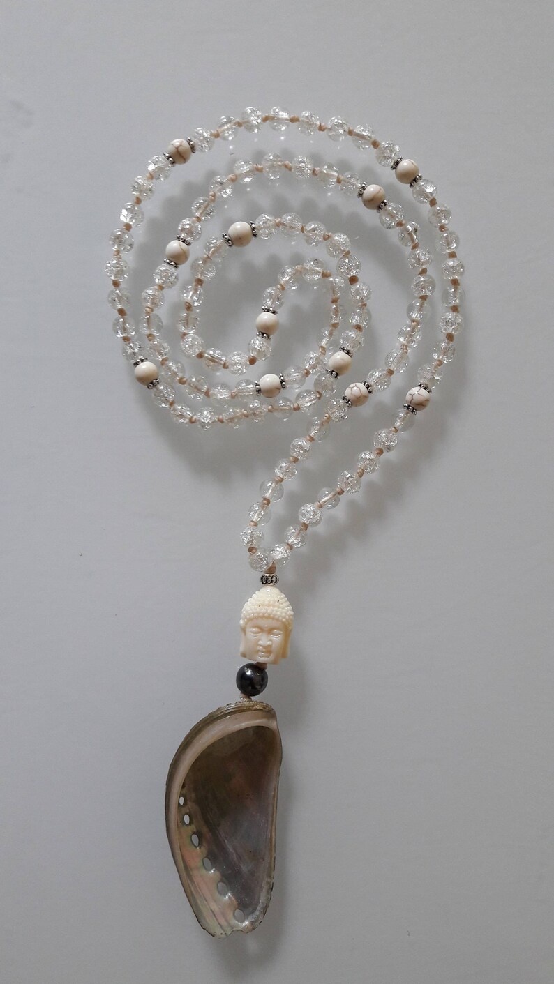 Collier Mala Turquoise Et Opaline Avec Pendentif Bouddha - Cristal, Pompon Soie, Fait En France, Neuf Avec étiquettes