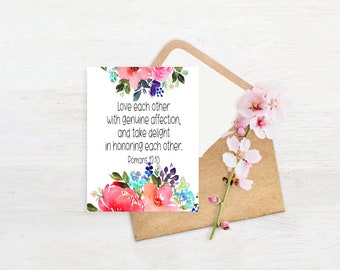 Bible Verse Greeting Cards, Romans 12:10, Watercolor Floral Bouquet