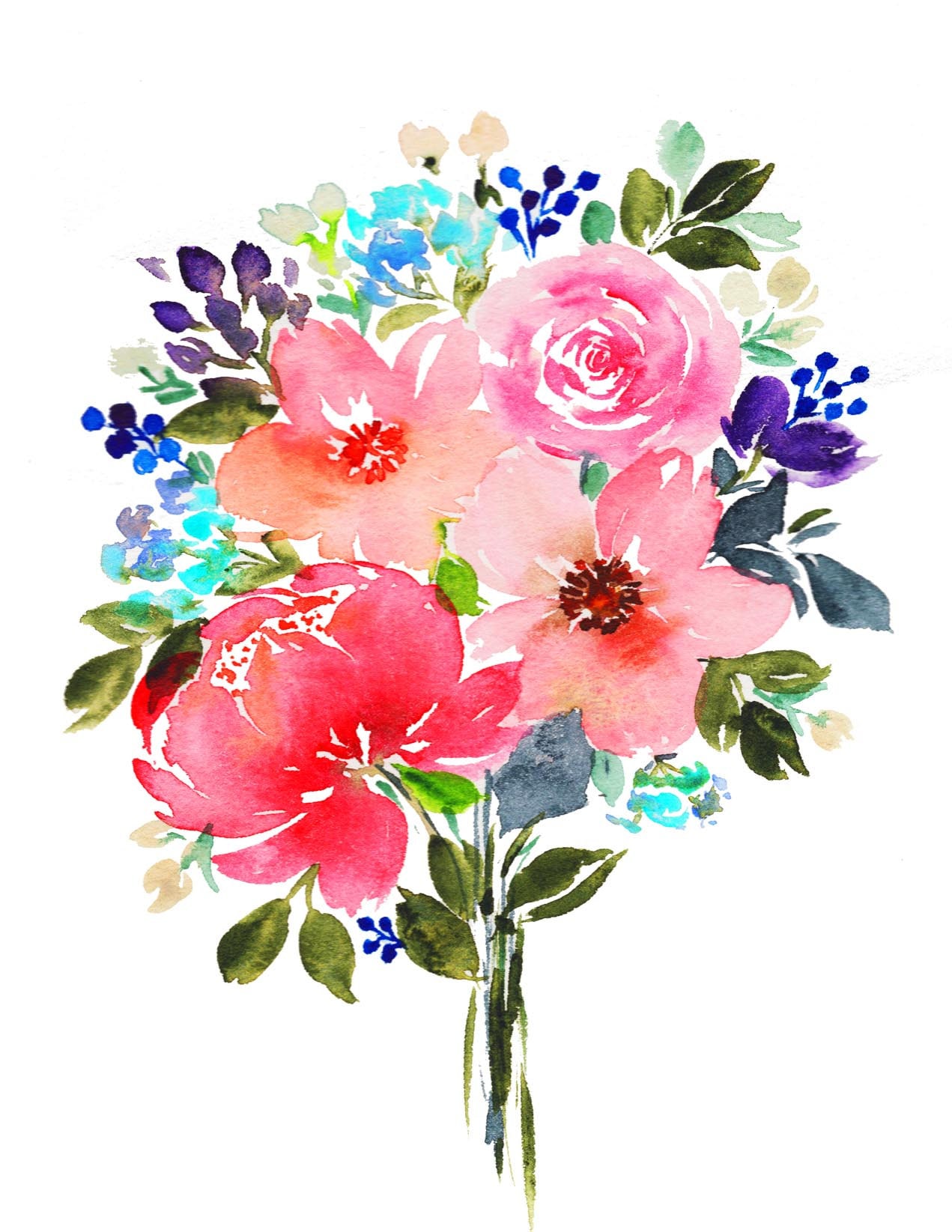 Hand Painted Watercolor Pink Flowers Bouquet Prints - Etsy