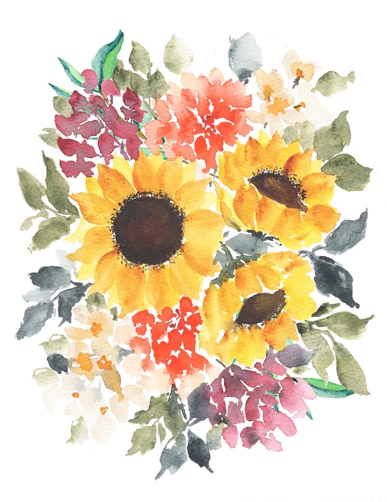 Watercolor Loose Sunflowers Bouquet Prints Etsy