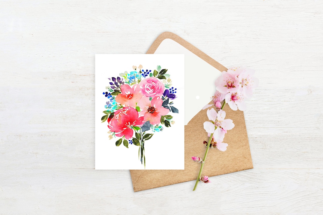 Hand Painted Watercolor Pink Flowers Bouquet Prints - Etsy