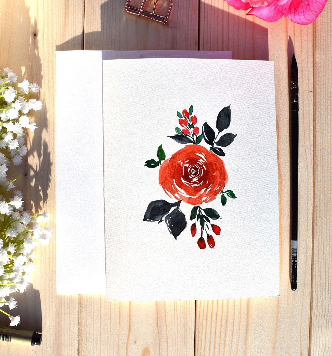 Watercolor Rose Bouquet Greeting Card - Etsy