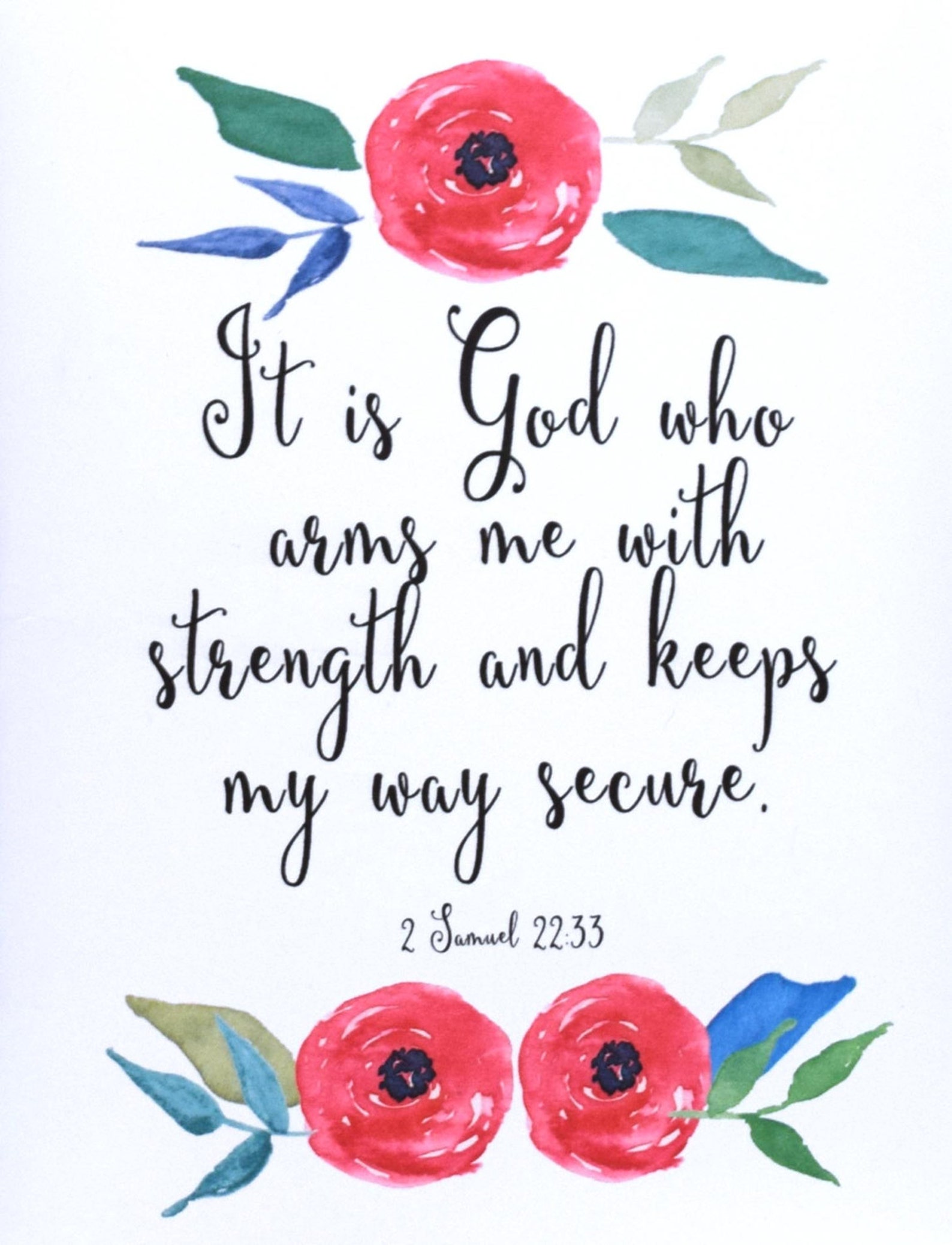 Bible Verse Card 2 Samuel 22 33 Inspirational Watercolor Etsy