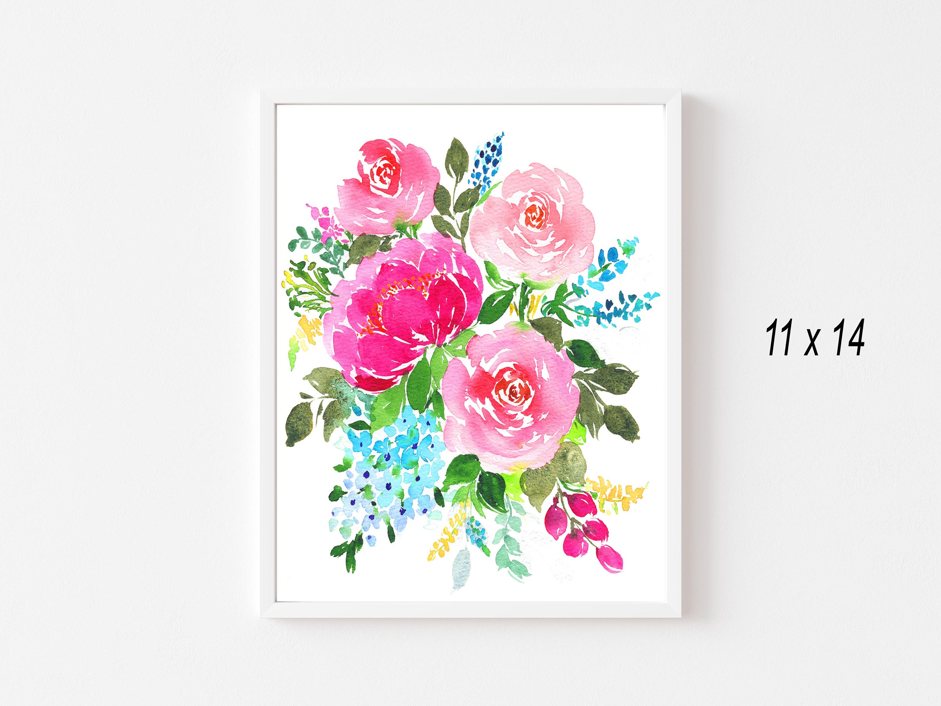 Hand Painted Watercolor Pink Blush Roses Bouquet Art Print - Etsy