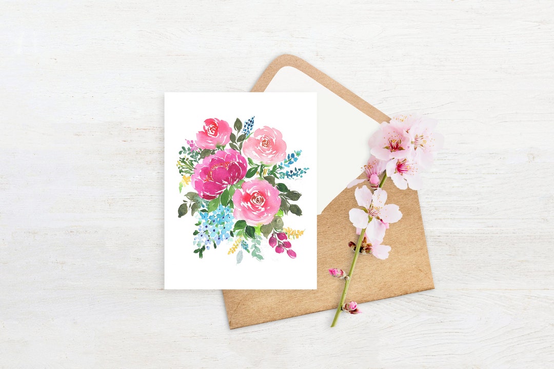 Hand Painted Watercolor Roses Bouquet Greeting Cards Prints - Etsy