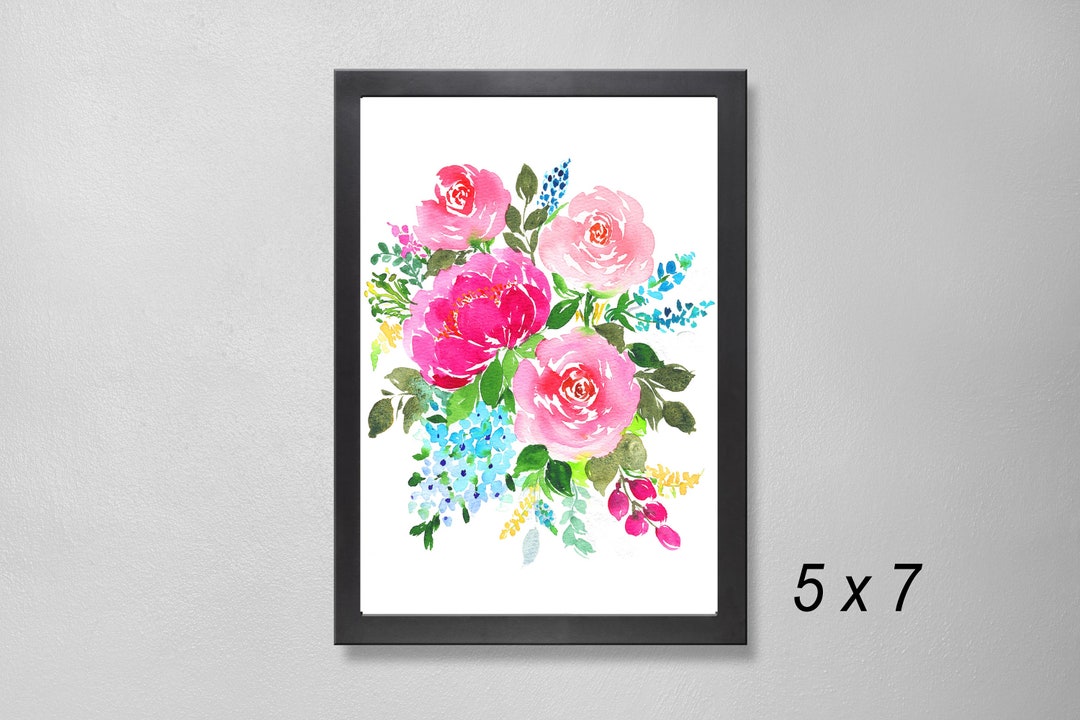 Hand Painted Watercolor Pink Blush Roses Bouquet Art Print - Etsy