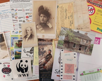 May include: A collage of various images and text, including a vintage postcard of a woman, a postcard of a house, a postcard of a horse-drawn carriage, a WWF logo, a playing card, a calendar, and a sign that says "Ben-Hur".
