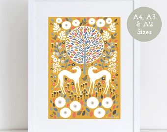 Scandi Mustard Greyhound Giclee Print, Size A4 A3 A2, Art Print, Scandinavian Art, Dog Lover Gift, Pet Gift, Greyhound Whippet Lurcher Art