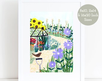 Gardening Giclee Print, 8x10 11x14 16x20 Inch Sizes, Garden Illustration, Garden Art, Botanical Art, Greenhouse Illustration, Landscape Art