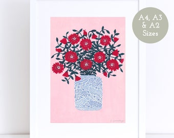 Red Flowers Art Print, Floral Illustration, A4 A3 A2 Sizes, Love Print, Gift For Her, Vase of Flowers, Floral Art, Anniversary Valentines