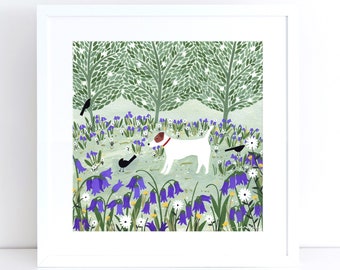 Jack Russell Among Bluebells Druck, Giclee Druck, Hund Druck, Hunde Illustration, Wald Kunst, Hunde Kunst, Hunde Geschenk, Terrier Geschenk, Haustier Portrait