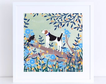 Beagle on Branch Art Print, Giclee Print, Woodland Scene, Dog Art, Dog Lover, Pet Portrait, Beagle Lover, Pet Gift, Beagle Gift, Beagle Art