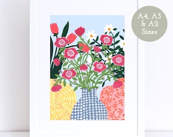 Three Vases Art Print, A4 A3 A2 Sizes, Floral Print, Vase of Flowers, Still Life, Floral Illustration, Wall Art, Gift For Her, New Home Gift