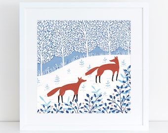 Winter Foxes Art Print, Giclee Print, Christmas Art, Woodland Print, Christmas Gift, Festive Art, Friendship Gift, Fox Illustration, Fox Art