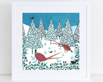 Winter Pheasants Art Print, Giclee Print, Christmas Art, Woodland Print, Christmas Gift, Festive Art, Friendship Gift, Snowscene, Bird Art