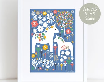 Scandi Dala Horses, Giclee Print, A4 A3 A2 Sizes, New Baby Gift, Nursery Art, New Arrival, Scandi Art, Christening, Baby Shower Gift, Folk